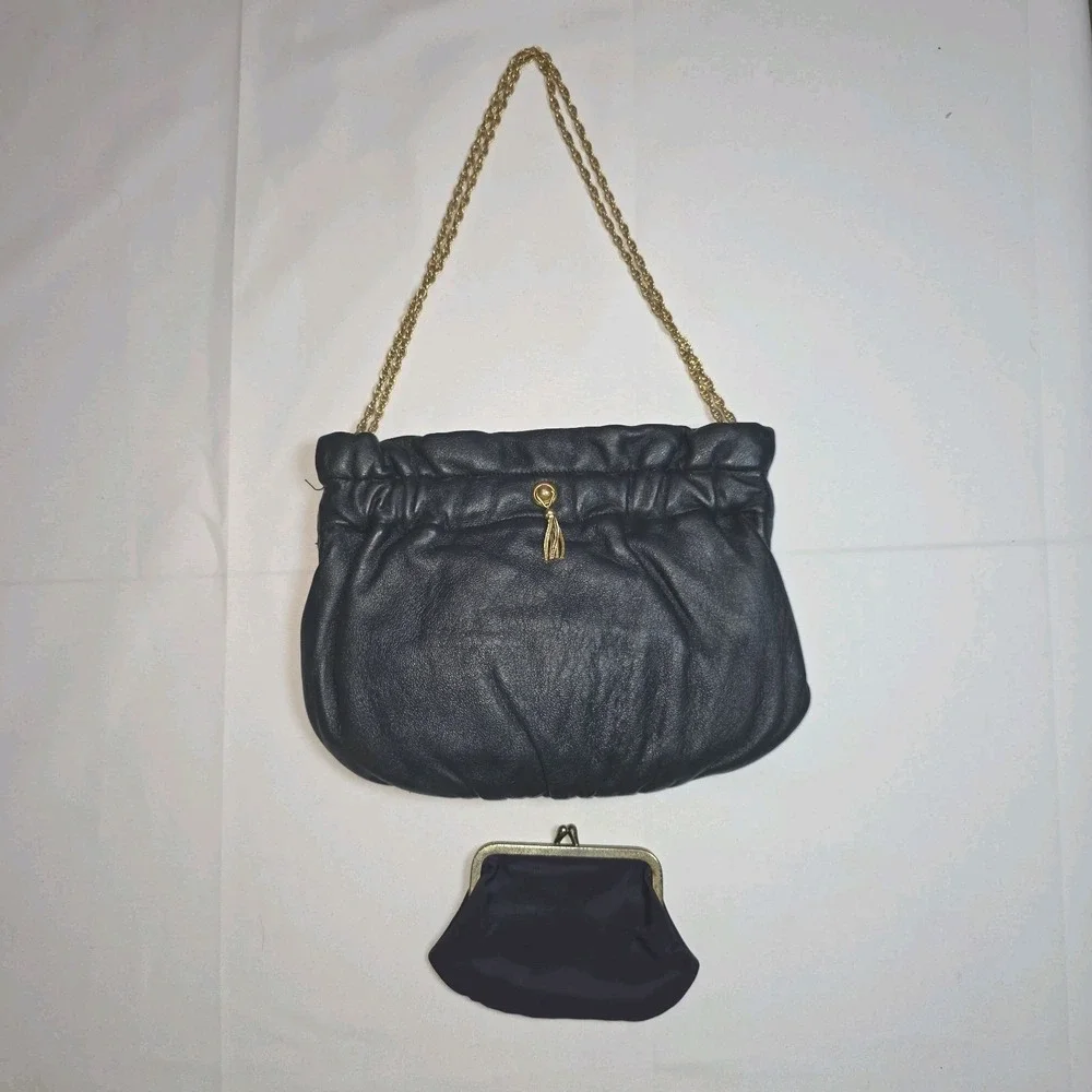 Vintage 1960s Morris Markowitz Navy Leather Evening‎ Bag Gold Chain + Coin Purse